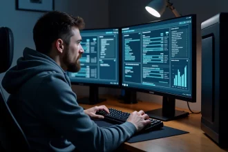 Homme accédant au BIOS AORUS en appuyant sur la touche Suppr d'un clavier mécanique devant un écran affichant l'interface UEFI