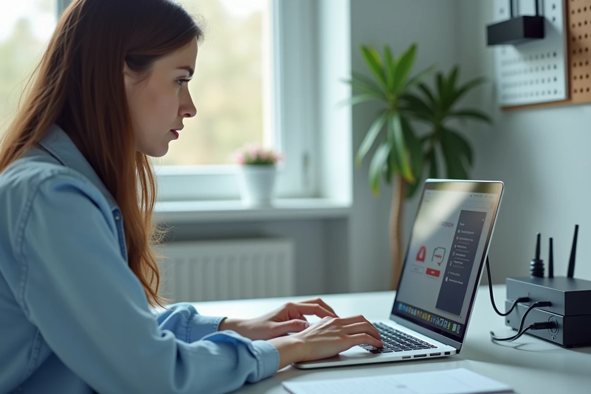 Femme consultant les paramètres de sa Freebox sur un ordinateur portable dans un bureau à domicile