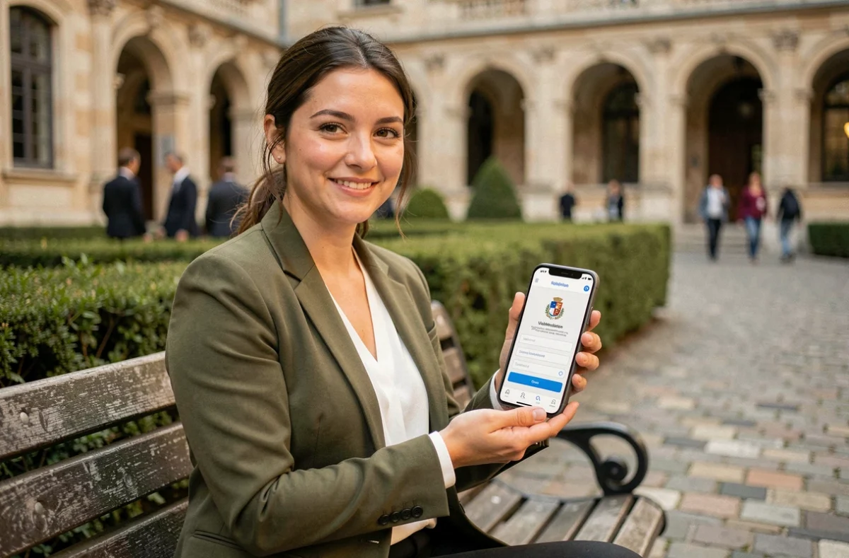 Femme consultant l'intranet de Lyon 3 sur son smartphone dans la cour de l'université