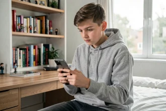 Adolescent de 15 ans tenant un iPhone 12 dans sa chambre, regard concentré sur l'écran, ambiance réaliste et moderne