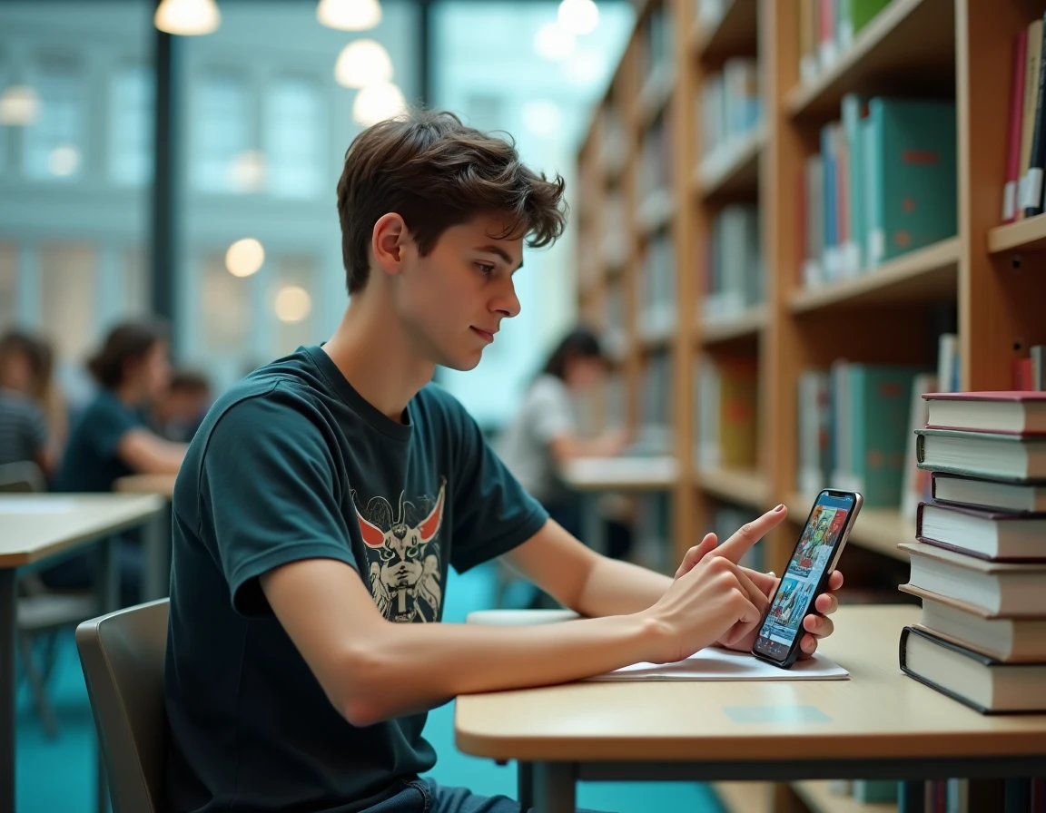 Adolescent français consultant une plateforme de lecture de mangas sur smartphone dans une bibliothèque scolaire