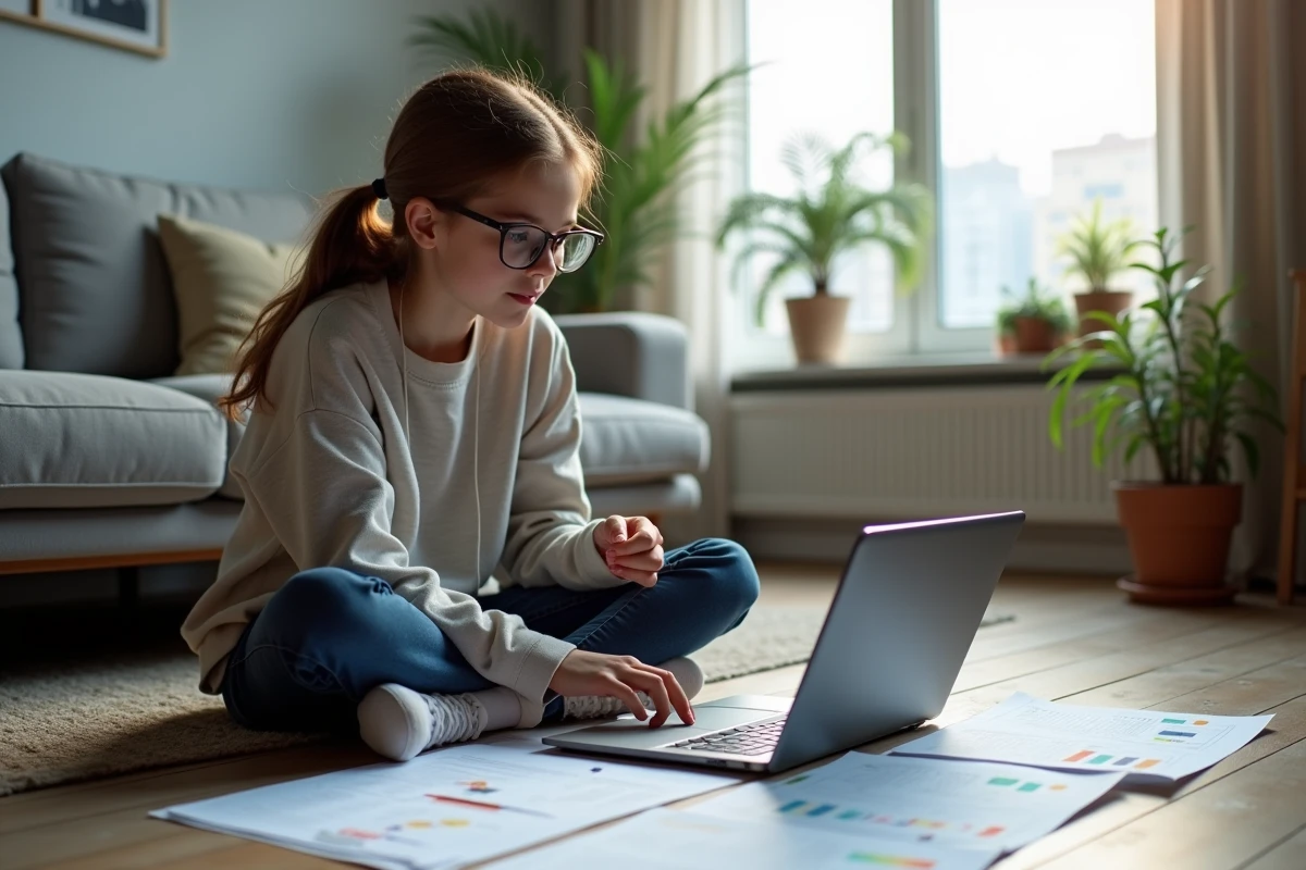 Adolescente en streetwear analysant des feuilles de match dans un salon lumineux