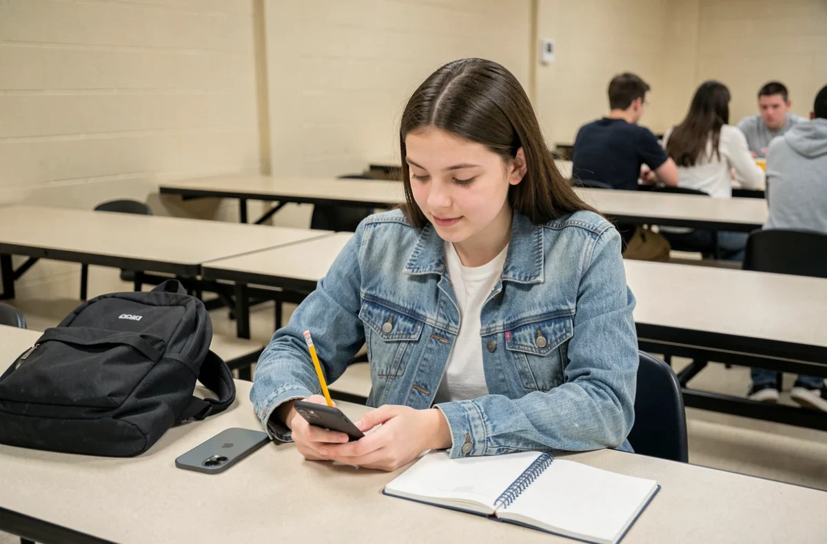 Adolescente avec un iPhone 12 posé sur une table de cafétéria scolaire, ambiance authentique de collège ou lycée