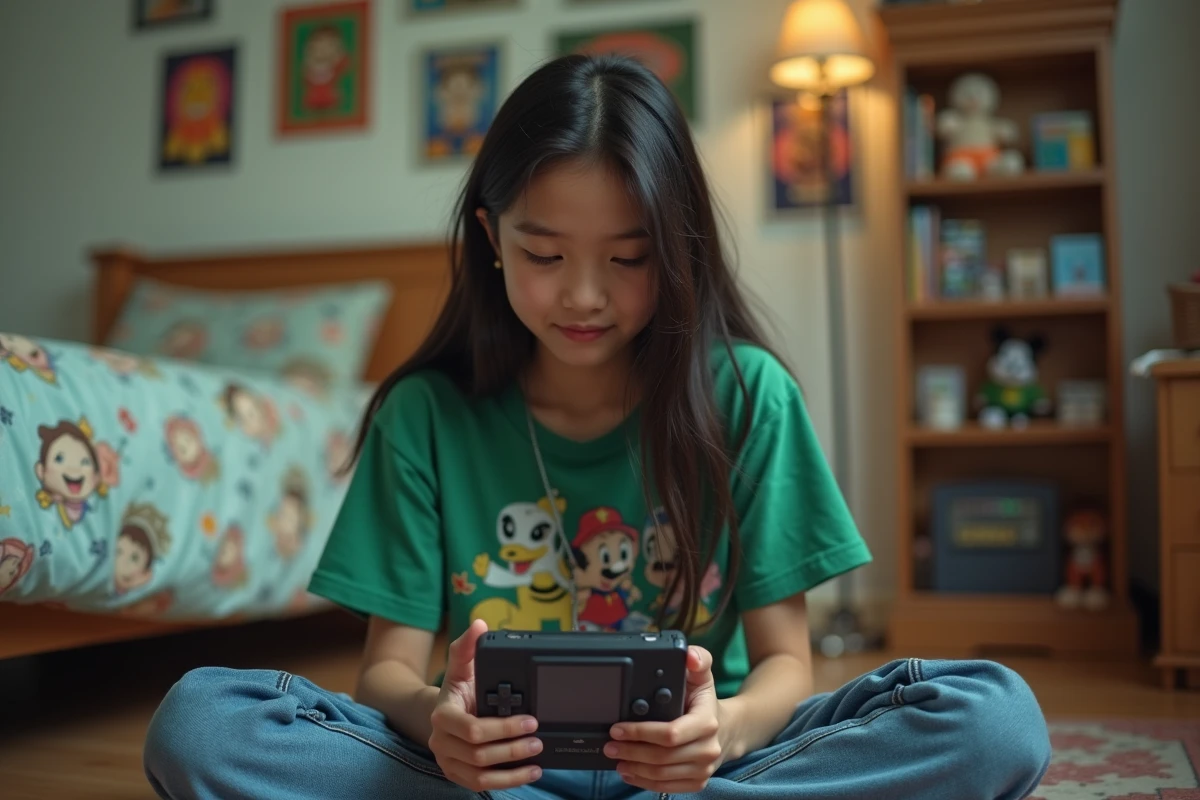 Adolescente jouant à un jeu Pokémon sur Game Boy Advance dans sa chambre, ambiance nostalgique et décontractée