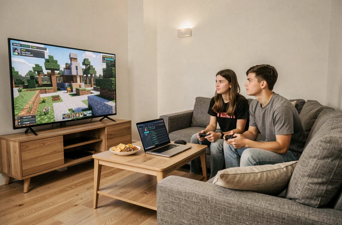 Deux adolescents jouant sur un serveur Minecraft moddé hébergé gratuitement depuis leur salon