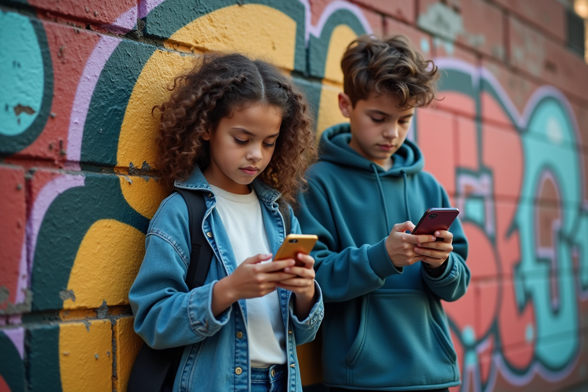 Adolescents regardant leurs téléphones devant un mur graffiti urbain