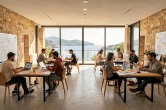 Bureau d'agence web moderne dans les Alpes-Maritimes avec vue sur la mer Méditerranée et équipe de développeurs WordPress au travail