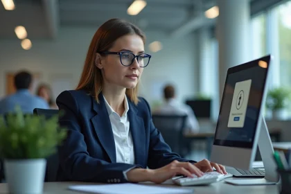Agente publique consultant une interface sécurisée melanie2 web sur son ordinateur de bureau dans un open space administratif