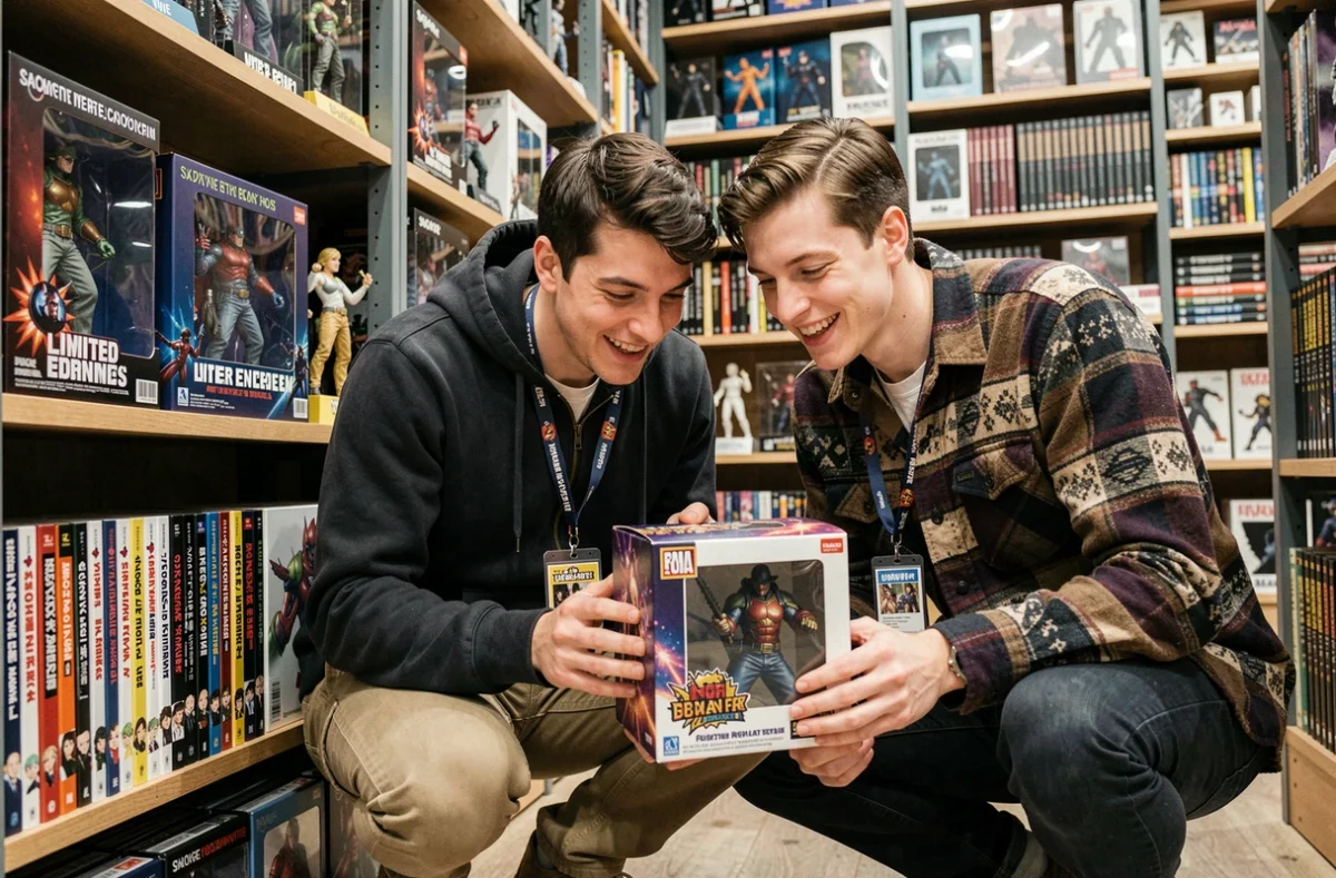 Deux amis geeks francophones découvrant des nouveautés collector dans une boutique spécialisée en culture geek