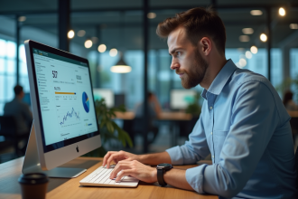 Homme concentré analysant un tableau de bord en entreprise