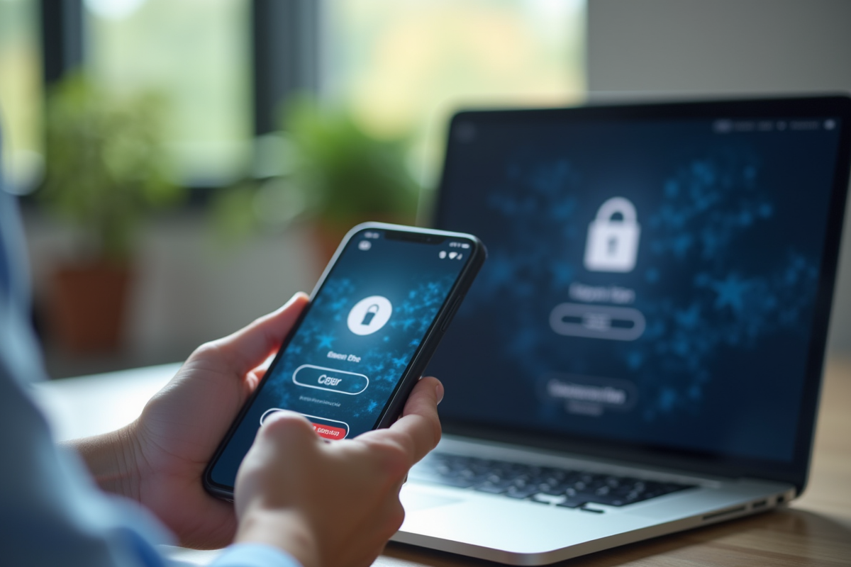 Personne tenant un smartphone avec code 2fa sur un bureau lumineux