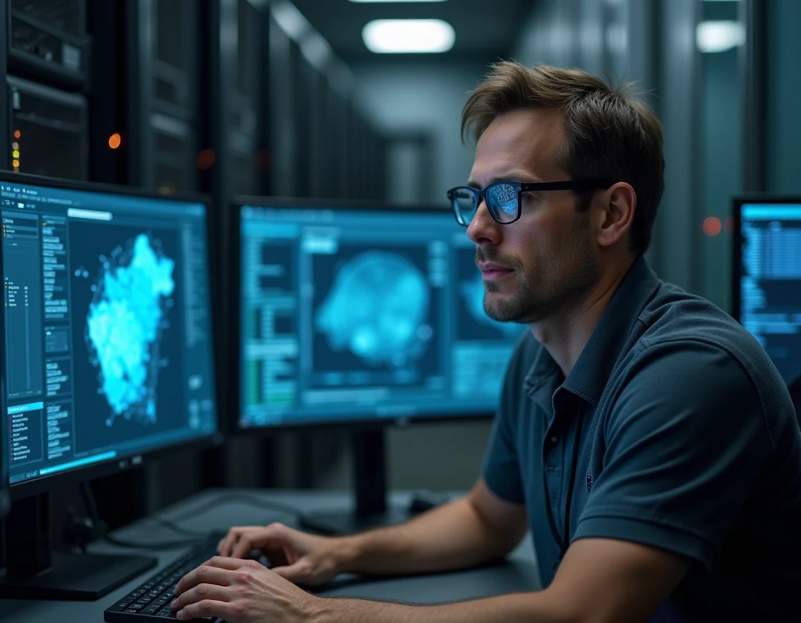 Analyste en cybersécurité travaillant sur des tableaux de bord de protection réseau dans un centre opérationnel à Toulon pour Axido