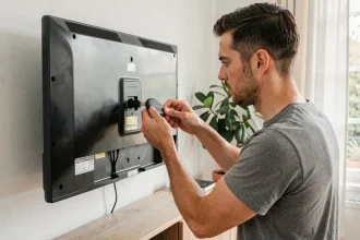 Homme branchant un dongle Chromecast sur le port HDMI d'un téléviseur dans un salon moderne