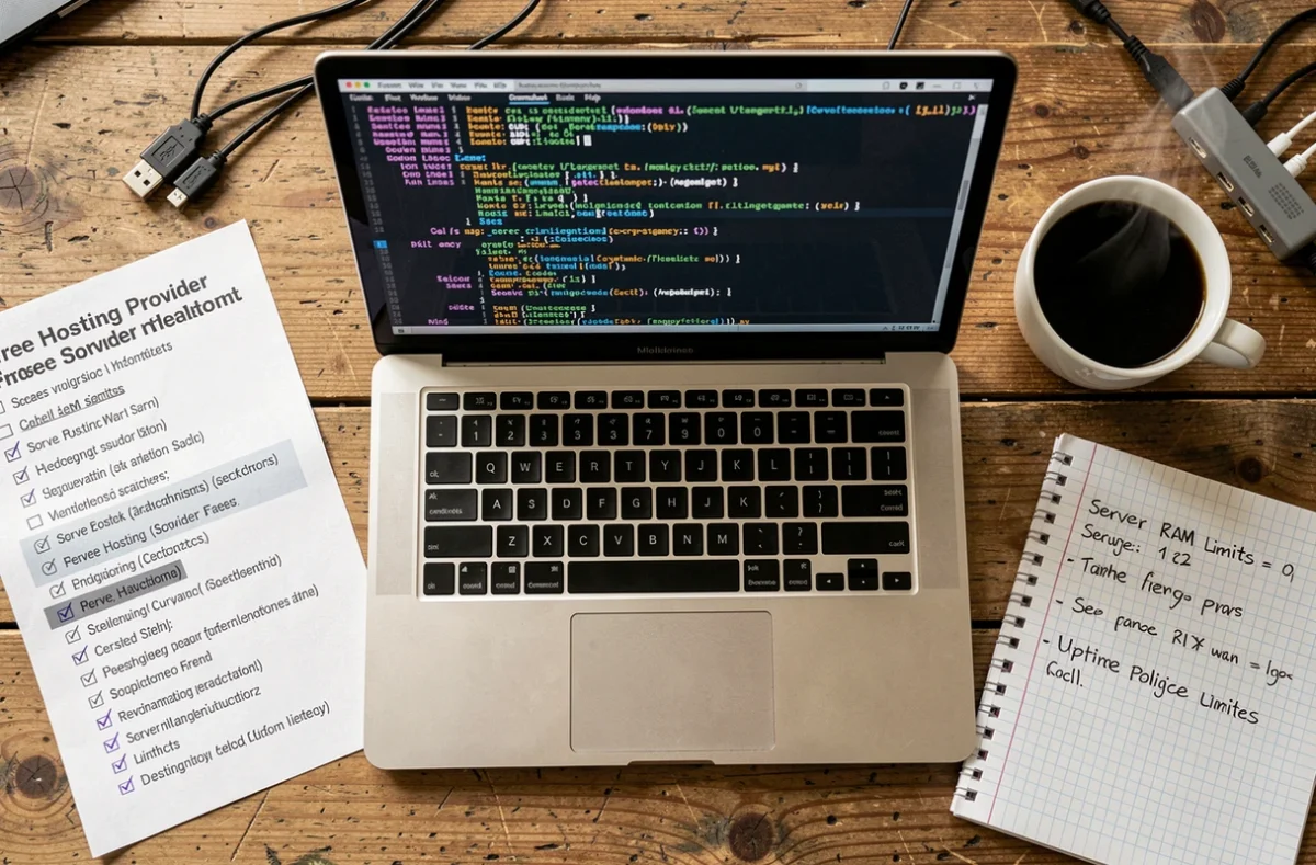 Vue aérienne d'un bureau avec configuration de serveur Minecraft moddé et comparatif d'hébergeurs gratuits
