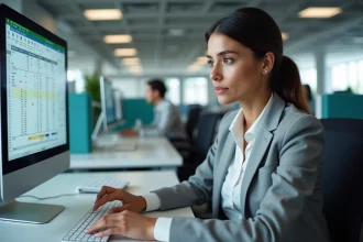 Femme professionnelle analysant des calculs de moyenne sur Excel dans un bureau moderne avec double écran