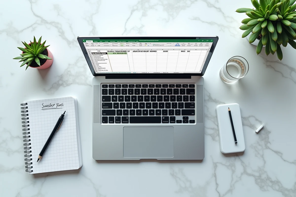 Vue aérienne d'un ordinateur portable avec des formules Excel de calcul de moyenne avancées sur un bureau minimaliste en marbre