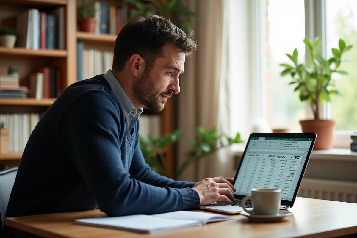 Homme en télétravail utilisant des formules Excel avancées pour calculer des moyennes sur un laptop à domicile