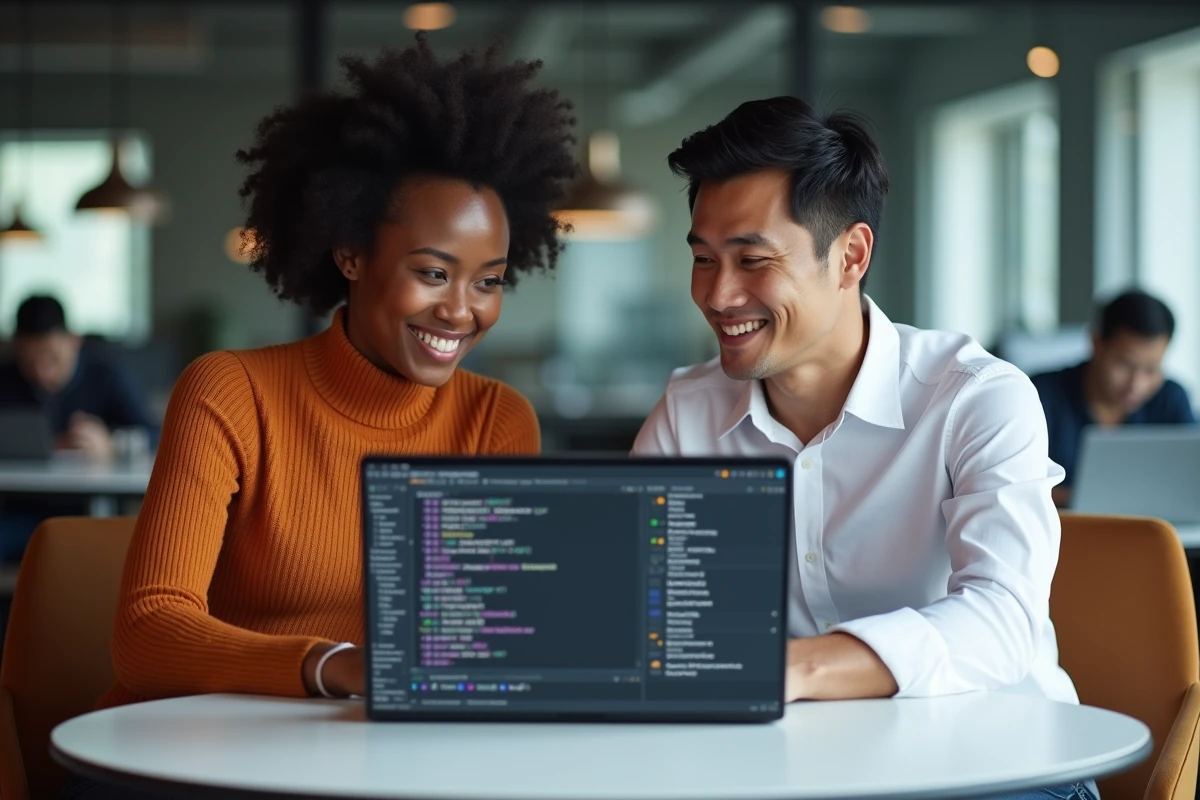 Deux collègues data scientists collaborant autour d'un ordinateur portable affichant la structure de modules Python dans un espace de coworking