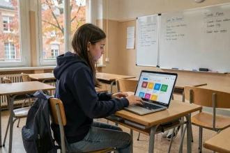 Collégienne utilisant un ENT sur ordinateur portable en classe dans un collège du Loir-et-Cher