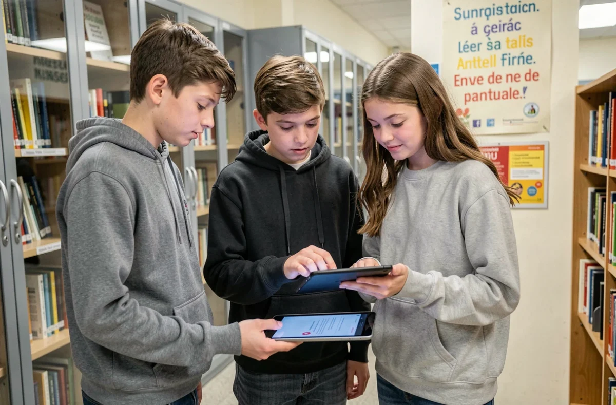 Groupe de collégiens consultant un portail numérique éducatif sur tablette dans un couloir de collège