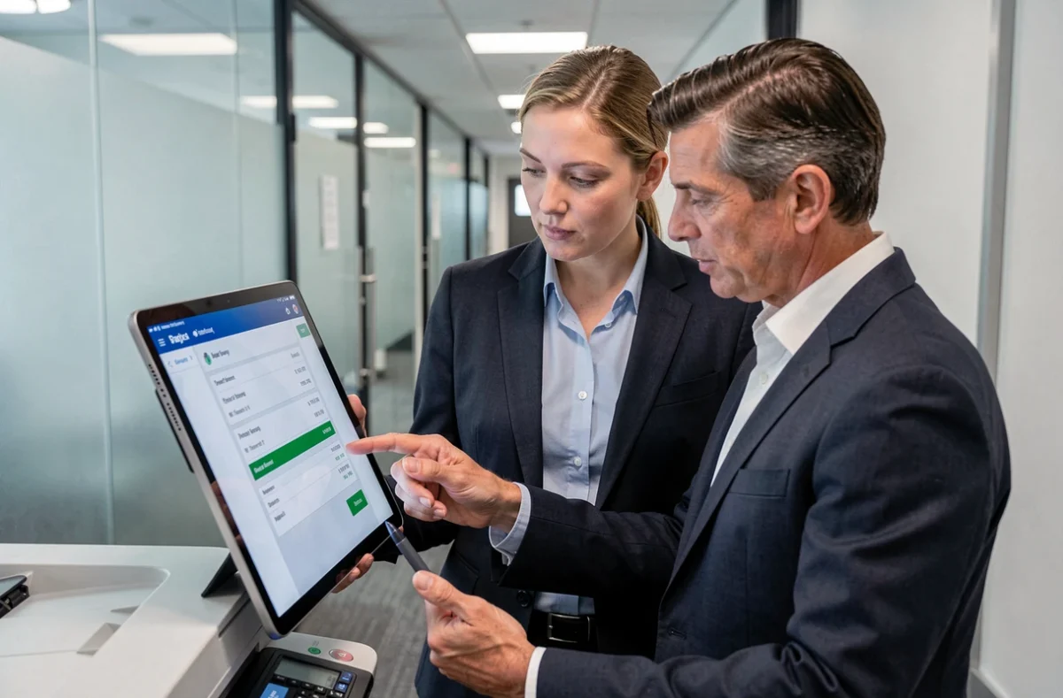 Deux collègues en entreprise discutant de l'acceptation des bulletins de salaire numériques via une application RH