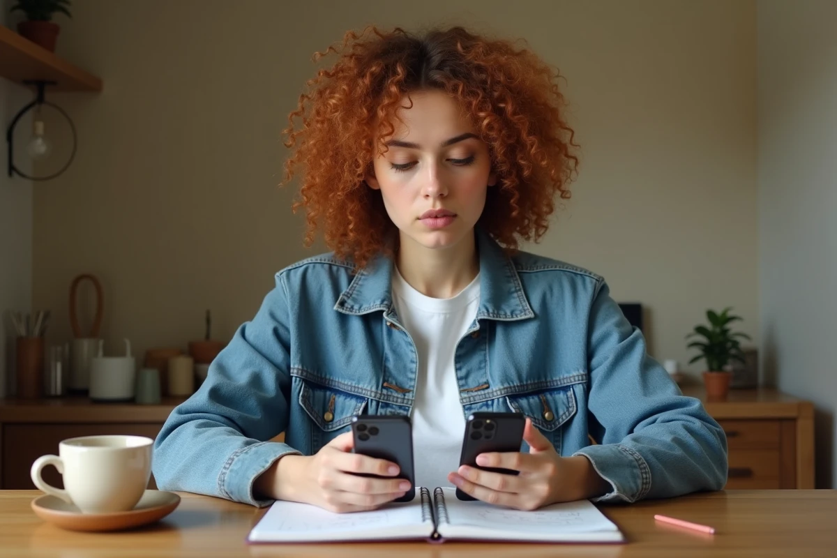 Femme comparant deux iPhone 14 d'occasion posés sur une table, prenant des notes avant achat