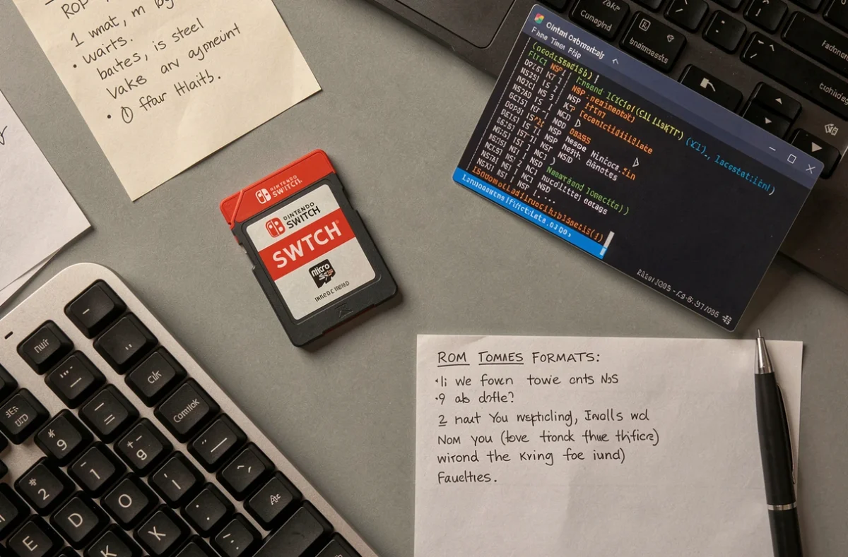 Vue aérienne d'une cartouche Nintendo Switch, microSD et fichiers NSP XCI sur ordinateur, comparaison des formats ROM pour Sonic Frontiers