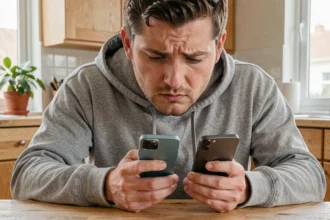 Homme comparant deux smartphones milieu de gamme sur une table en bois pour choisir le meilleur rapport qualité prix en 2026