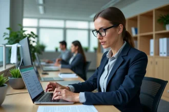 Professionnelle configurant un compte de messagerie institutionnelle sur un ordinateur portable dans un bureau administratif