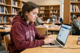 Étudiante de l'Université Lyon 3 se connectant à l'intranet sur un ordinateur portable en bibliothèque