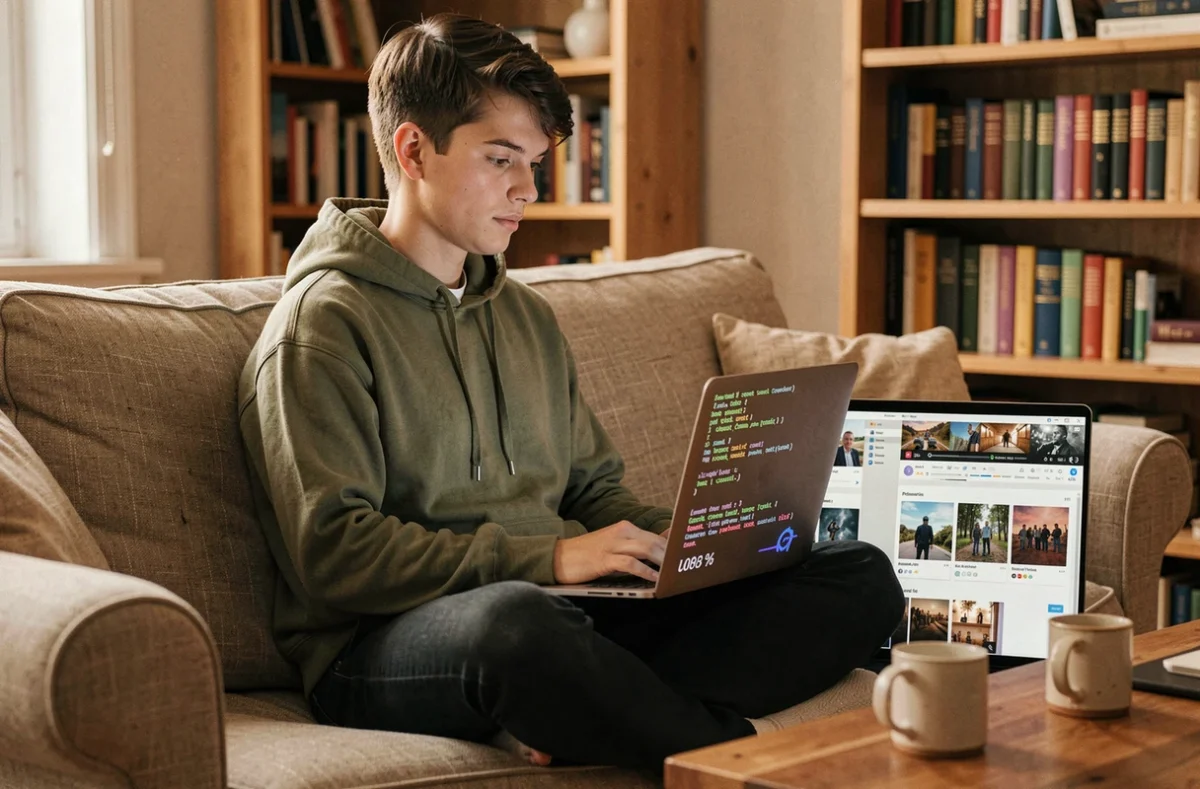 Personne convertissant des fichiers volumineux via terminal sur laptop dans un salon cosy