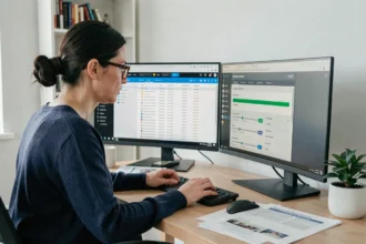 Femme travaillant sur un logiciel de conversion de format de fichier volumineux sur ordinateur de bureau