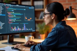 Femme data scientist travaillant sur un notebook Jupyter Python avec des visualisations de données sur écran dans un bureau moderne