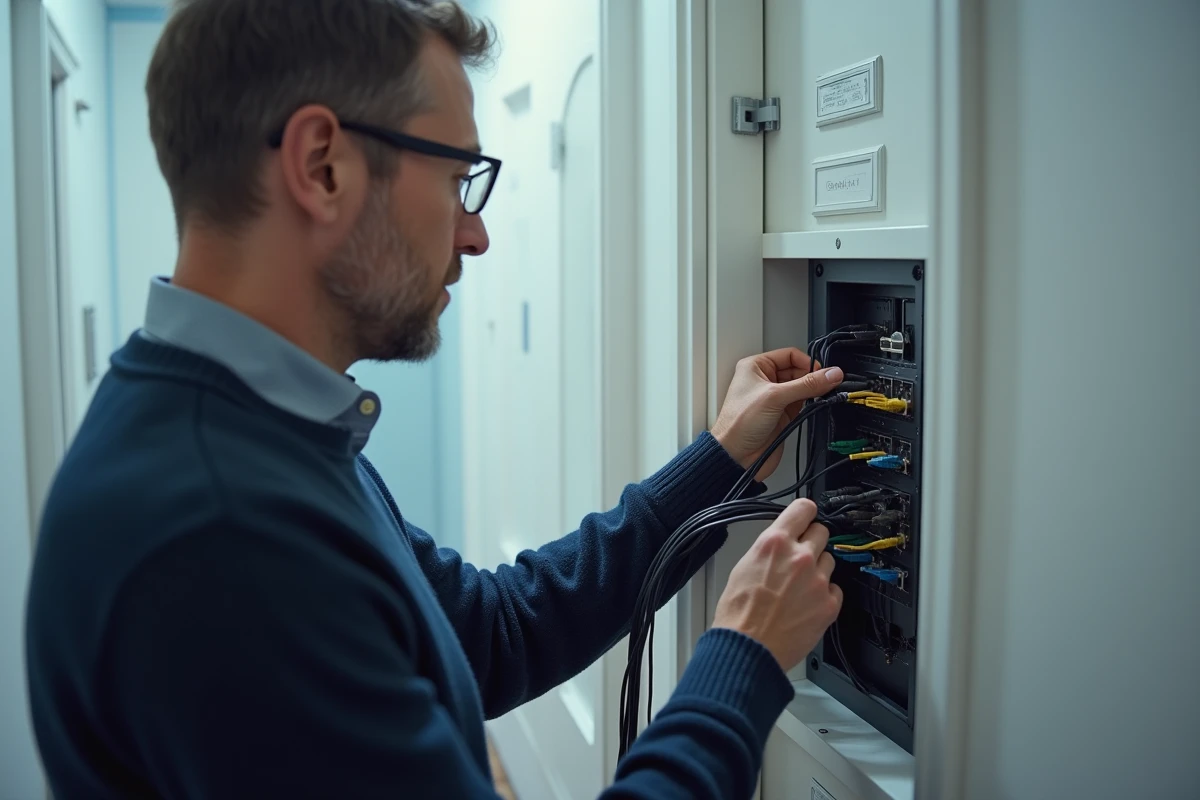 Homme inspectant les câbles branchés à l'arrière d'une Freebox dans le couloir d'un appartement