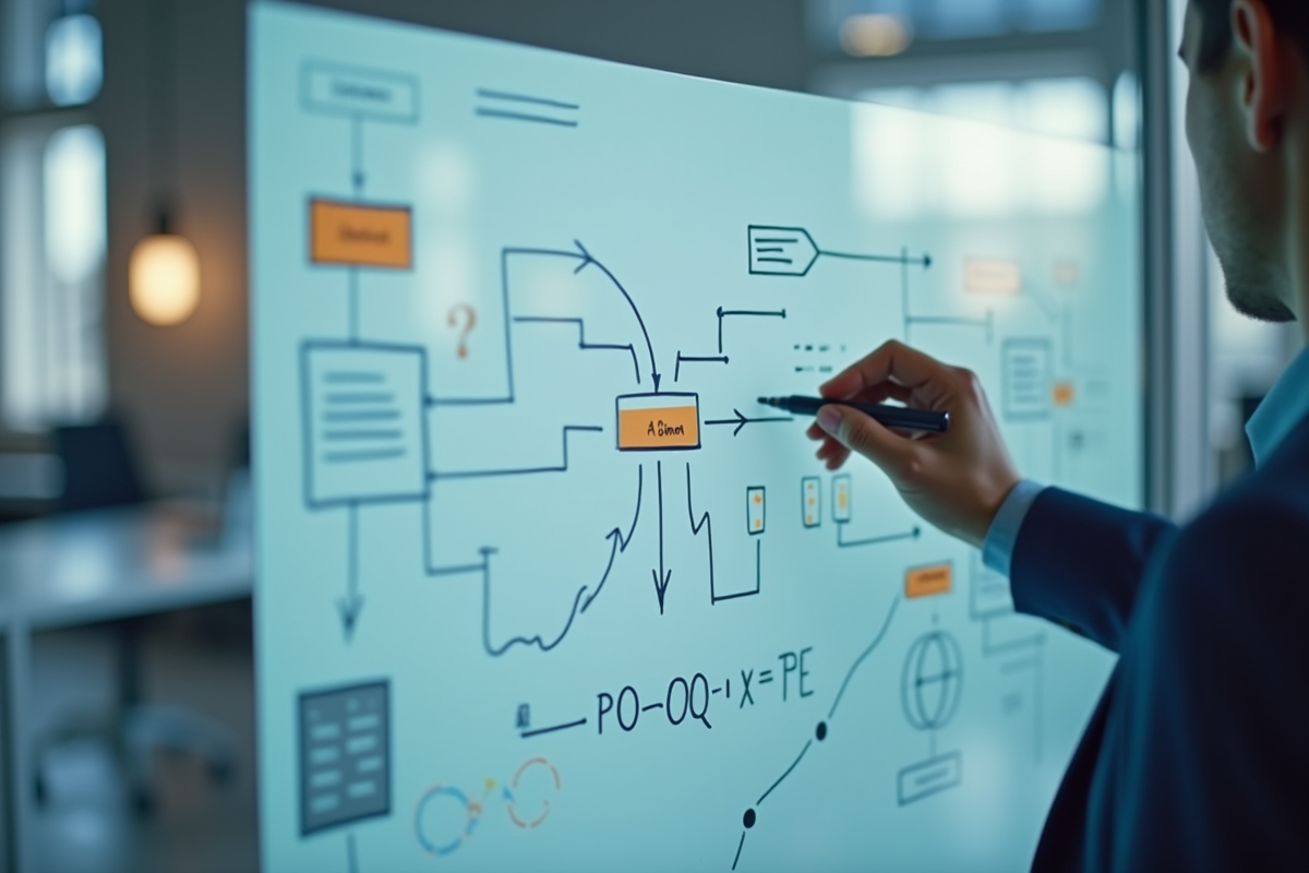 Personne dessinant un flowchart dans un espace lumineux