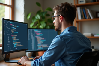 Jeune homme en bureau code blockchain sur ordinateur