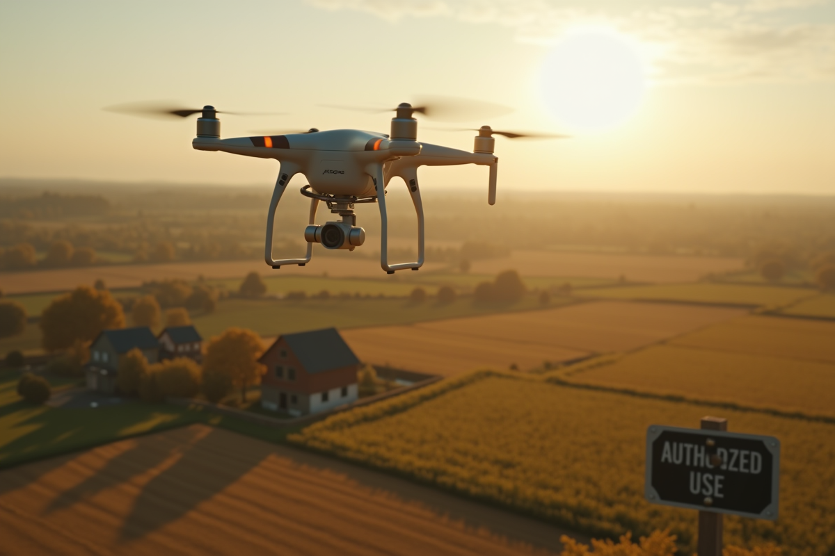 Drone volant au-dessus de champs avec panneau de regulation