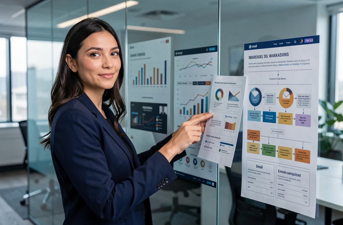 Stratège digitale de l'agence eMaginance présentant une stratégie web et marketing devant un mur de données analytiques