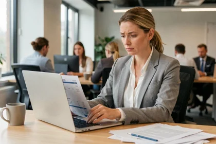 Femme employée consultant son bulletin de salaire en ligne sur un ordinateur portable au bureau