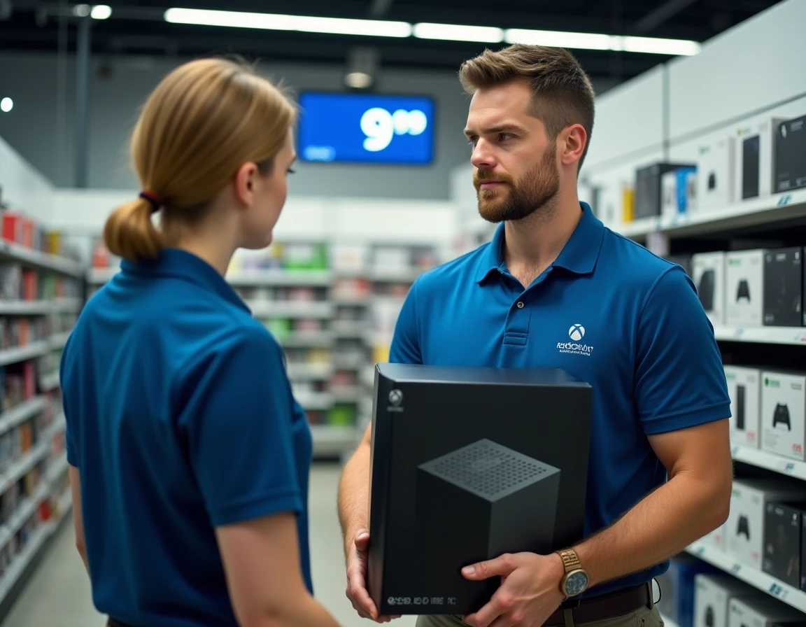 Employé de magasin tenant une boîte de console Xbox Series X devant un rayon de jeux vidéo avec étiquettes de prix
