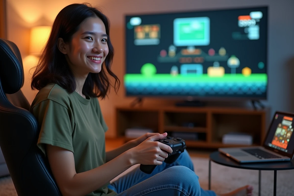 Jeune femme jouant avec un émulateur de console rétro sur grand écran après avoir activé la virtualisation dans le BIOS AORUS