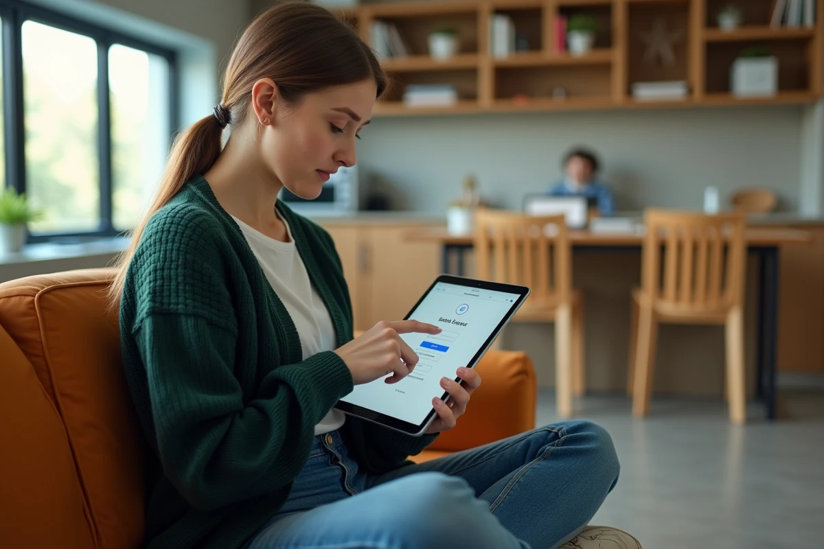 Enseignante configurant son compte de messagerie professionnelle sur une tablette dans une salle de repos scolaire