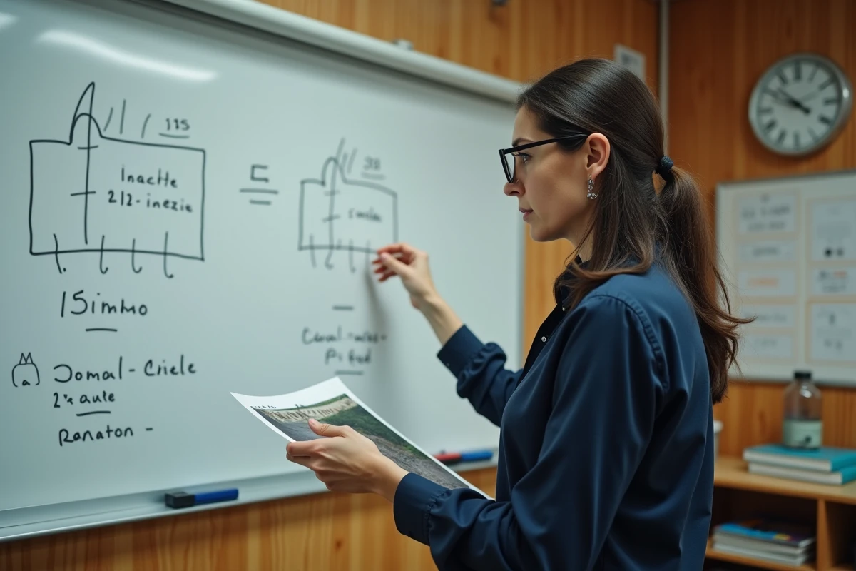 Femme en classe expliquant des diagrammes de conversion pixel-centimètre