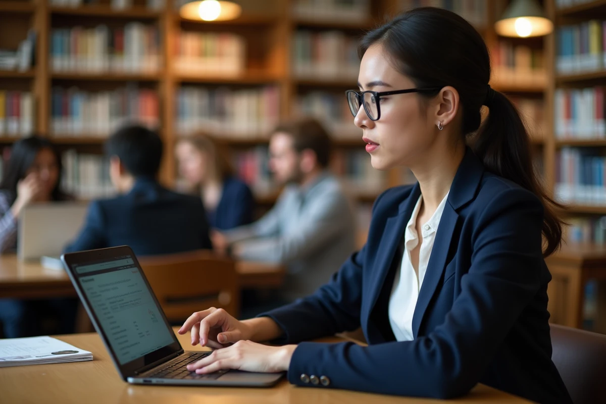 Enseignante utilisant un VPN pour accéder au portail académique Arena depuis un espace public