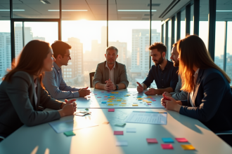 Groupe d'affaires dans un bureau moderne avec carte des risques