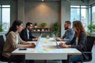 Équipe produit et commerciale collaborant autour d'une table de réunion avec des roadmaps et des post-its lors d'une session de planification feature by feature
