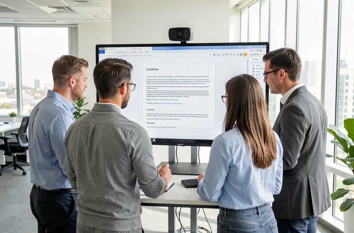 Équipe réunie autour d'un écran partagé pendant un travail collaboratif