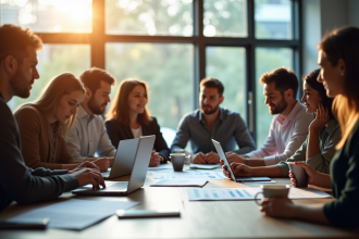 Équipe startup autour d'un espace de travail moderne discutant des coûts de développement web