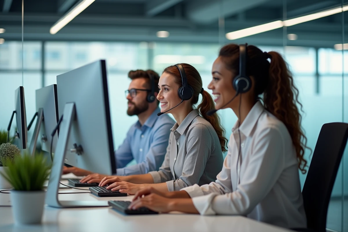 Equipe de trois agents collaborant autour d un ecran