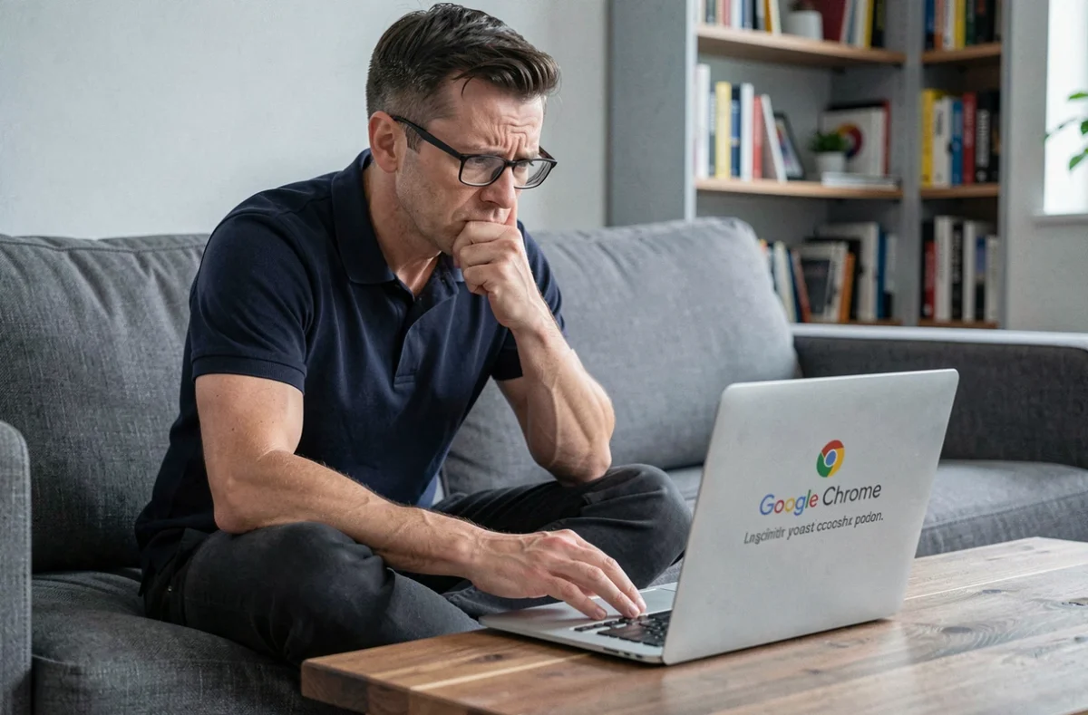Homme frustré face à un message d'erreur lors d'une mise à jour Google Chrome sur son ordinateur portable dans un salon